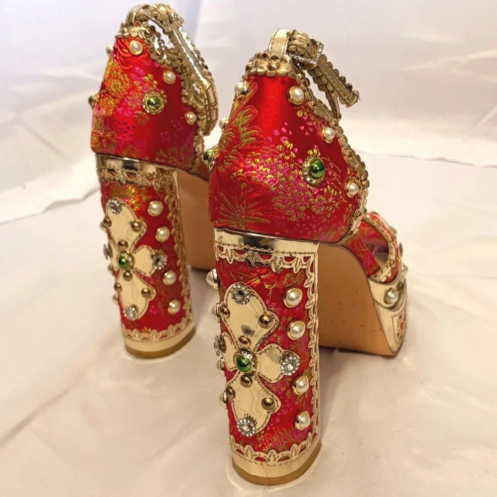 Azalea Wang Red and gold Brocade Platform Heels with Embellished Beads & Crystal